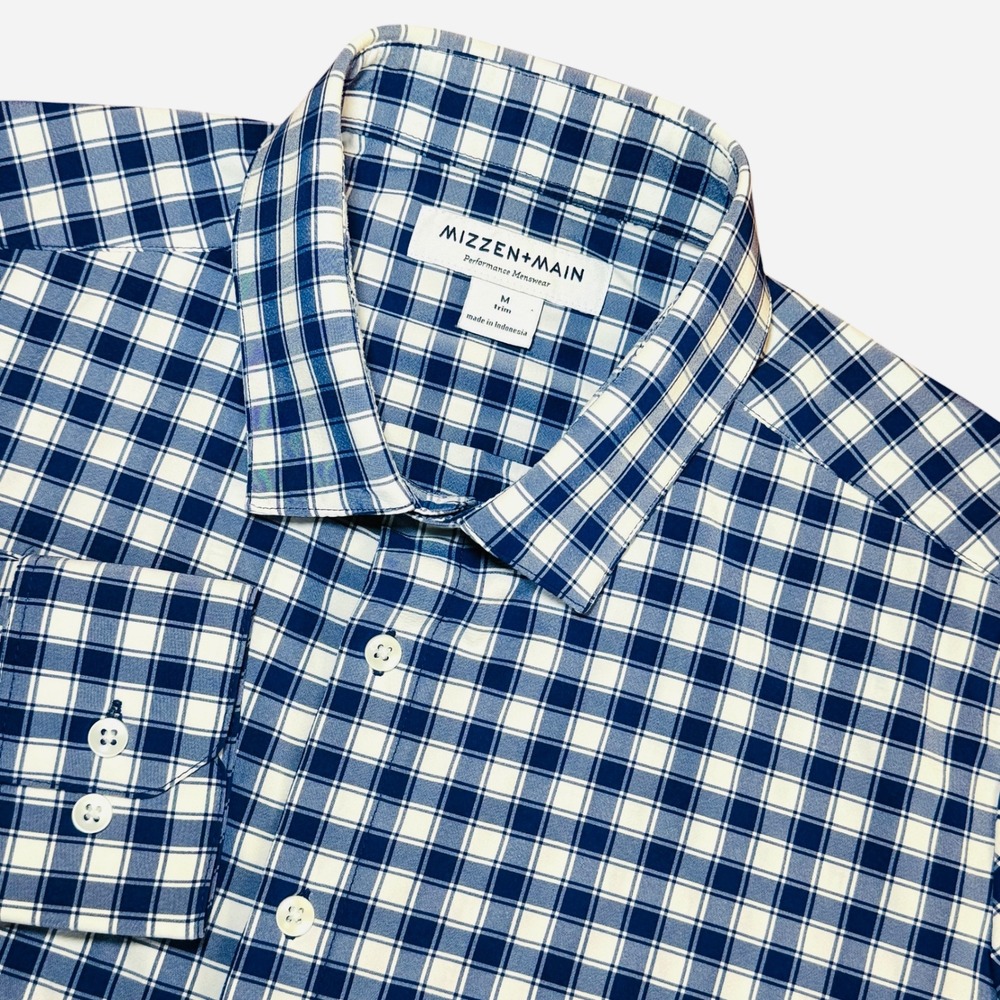 Mizzen+Main Performance Menswear Medium Shirt Blue Gingham Long Sleeve‎ Trim Fit